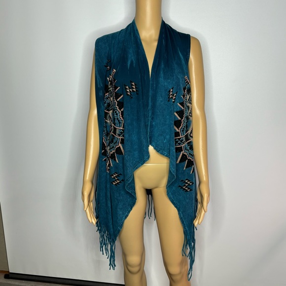 Vocal Turquoise Blue Rhinestone Studded Southwestern Fringe Open Vest - Picture 13 of 16